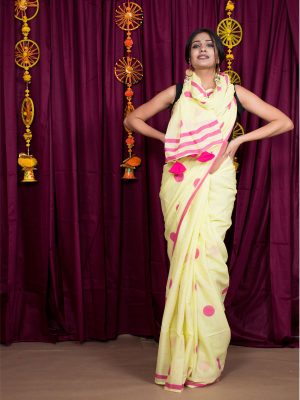 Lemon Lily Cotton Mulmul Lemon Colour Block Print Saree