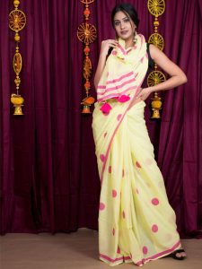 Lemon Lily Cotton Mulmul Lemon Colour Block Print Saree