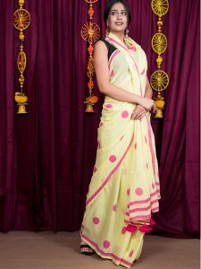 Lemon Lily Cotton Mulmul Lemon Colour Block Print Saree