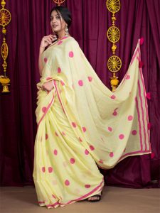 Lemon Lily Cotton Mulmul Lemon Colour Block Print Saree