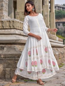 White Jaam Silk Hand Block Printing Style Kurta And Plazzo