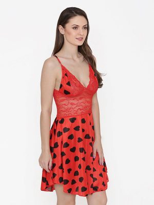 Satin Heart Print Soft Bridal Babydoll Red Dress Nightwear