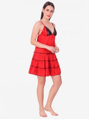 Red Satin Deep Neck Ruffle Soft Bridal Babydoll Dress Nightwear