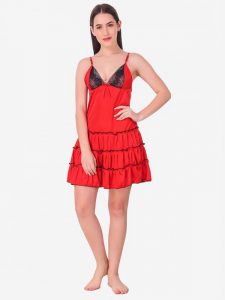 Red Satin Deep Neck Ruffle Soft Bridal Babydoll Dress Nightwear