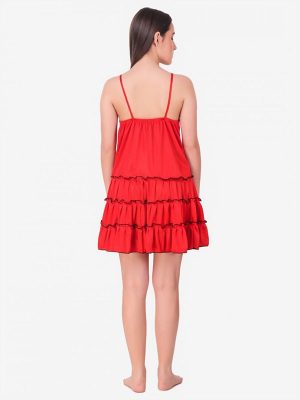 Red Satin Deep Neck Ruffle Soft Bridal Babydoll Dress Nightwear