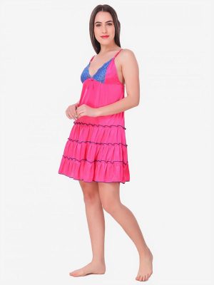 Pink Satin Deep Neck Ruffle Soft Bridal Babydoll Dress Nightwear