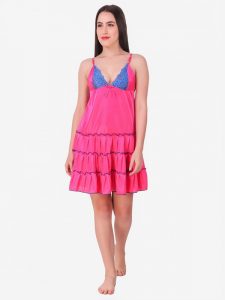 Pink Satin Deep Neck Ruffle Soft Bridal Babydoll Dress Nightwear