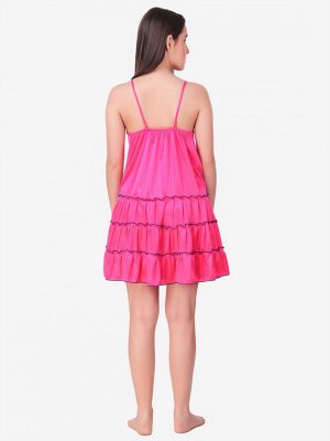 Pink Satin Deep Neck Ruffle Soft Bridal Babydoll Dress Nightwear