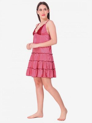 Peach Satin Deep Neck Ruffle Soft Bridal Babydoll Dress Nightwear