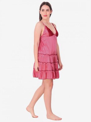 Peach Satin Deep Neck Ruffle Soft Bridal Babydoll Dress Nightwear