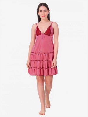 Peach Satin Deep Neck Ruffle Soft Bridal Babydoll Dress Nightwear