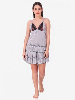 Satin Deep Neck Ruffle Soft Bridal Babydoll Dress Nightwear Grey