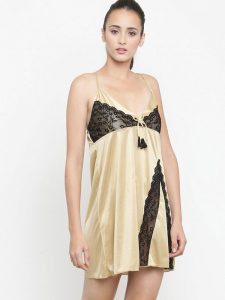 Spaghetti V Neck Beige Satin Night suit with Black Lace Design Bridal Nightwear