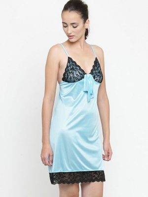 Spaghetti Neck Blue Satin Night suit with Black Lace Design Bridal Nightwear