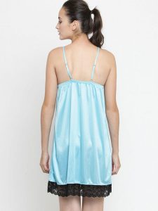 Spaghetti Neck Blue Satin Night suit with Black Lace Design Bridal Nightwear