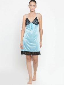 Spaghetti Neck Blue Satin Night suit with Black Lace Design Bridal Nightwear