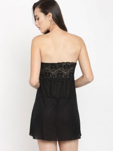 Strapless Sheer Tube Black Net Sexy Babydoll Night Dress with G-String Nightwear