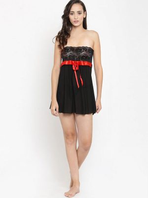 Strapless Sheer Tube Black Net Sexy Babydoll Night Dress with G-String Nightwear