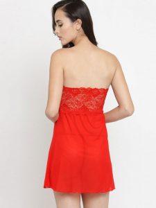Strapless Sheer Tube Red Net Sexy Babydoll Night Dress with G-String Nightwear