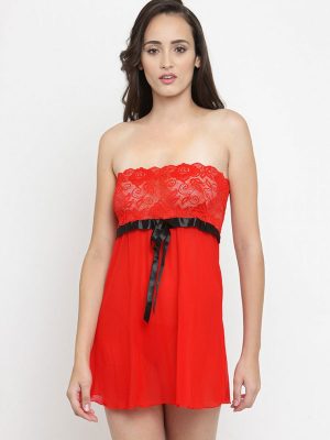 Strapless Sheer Tube Red Net Sexy Babydoll Night Dress with G-String Nightwear