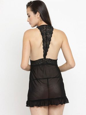 Deep Halter Neck Lace Open Front Sheer Black Net Sexy Babydoll Night Dress with G-String Nightwear