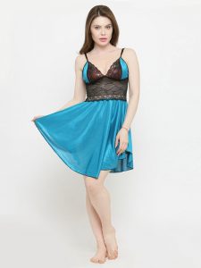 Princess Cut Blue Satin Hot Bridal Babydoll Dress Nightwear