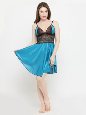 Princess Cut Blue Satin Hot Bridal Babydoll Dress Nightwear