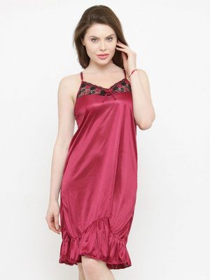 Exotic Ruffle Royal Pink Satin Bridal Sexy Babydoll Dress Nightwear