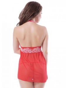 Halter Neck Patch Work Red Sheer Babydoll Dress Nightwear