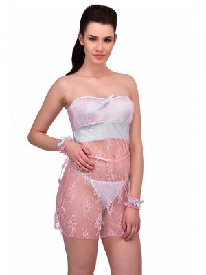 Off Shoulder Sky Pink Lace Satin Bust Chemise Nightwear