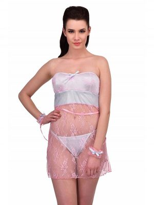 Off Shoulder Sky Pink Lace Satin Bust Chemise Nightwear