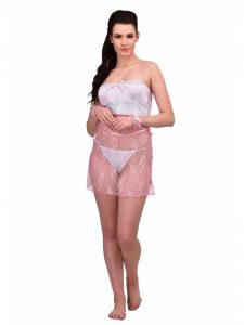 Off Shoulder Sky Pink Lace Satin Bust Chemise Nightwear