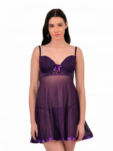 Triangle Strap Sheer Purple Patch Work Bridal Babydoll Dress Nightwear