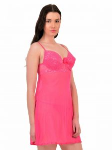 Triangle Strap Sheer Pink Patch Work Bridal Babydoll Dress Nightwear