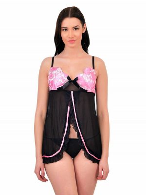 Front Open Pink Shiny Bust Black Sheer Babydoll Dress Nightwear