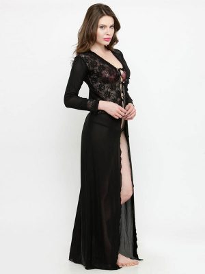 Deep Neck Black Rose Lace Long Sleeves Bridal Night Dress Nightwear