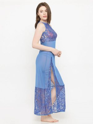 Sheer Side Slit Blue Nighty Night Dress Nightwear