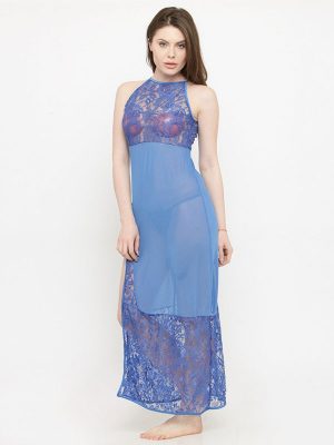 Sheer Side Slit Blue Nighty Night Dress Nightwear