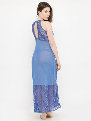 Sheer Side Slit Blue Nighty Night Dress Nightwear