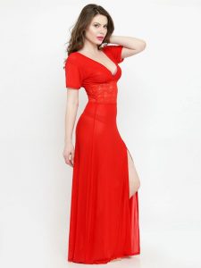 V-Neck Red Splicing Lace Nighty Night Dress Nightwear