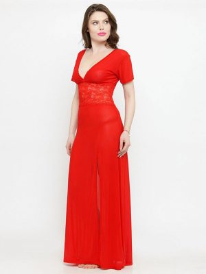V-Neck Red Splicing Lace Nighty Night Dress Nightwear