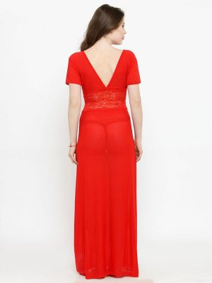 V-Neck Red Splicing Lace Nighty Night Dress Nightwear