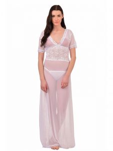 V-Neck White Splicing Lace Nighty Night Dress Nightwear