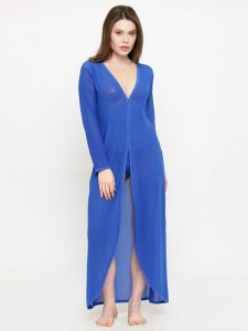 A Line Asymmetrical Sheer Blue Long Sleeve Bridal Nightwear