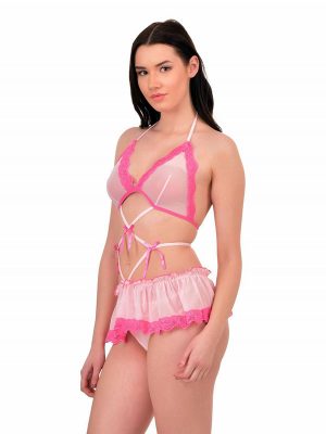 Halter Neck Bow Detailed Ruched Pink Lace Chemise Nightwear