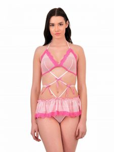Halter Neck Bow Detailed Ruched Pink Lace Chemise Nightwear