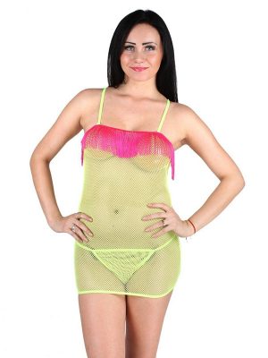 Fish Net Fringe Tassel Neon Yellow Sexy Chemise Nightwear