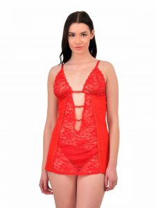 Deep Neck Floral Lace Red Net Chemise Nightwear