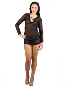 V-Neck Sheer Mesh Black Full Sleeves Chemise Nightwear