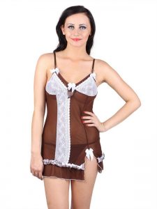 Low Side Cut Brown Lace Detailed Honeymoon Chemise Nightwear